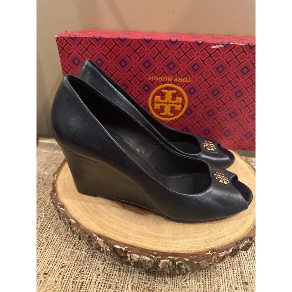 Tory Burch Jolie Peep Toe Wedge Pump Navy Blue Nappa Leather MRSP Sz-8 $290